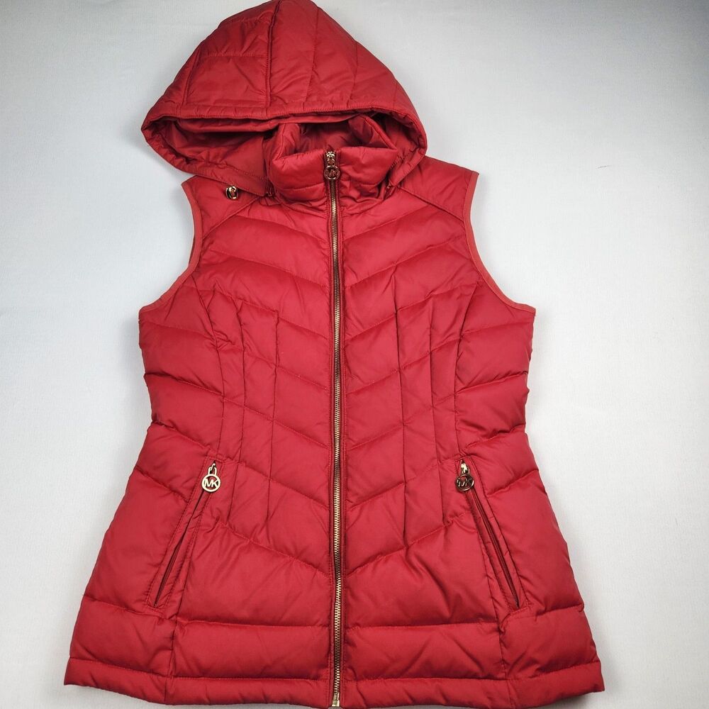 Michael Kors Quilted Hooded Puffer Vest Red Womens S Removable Hood Down Cozy